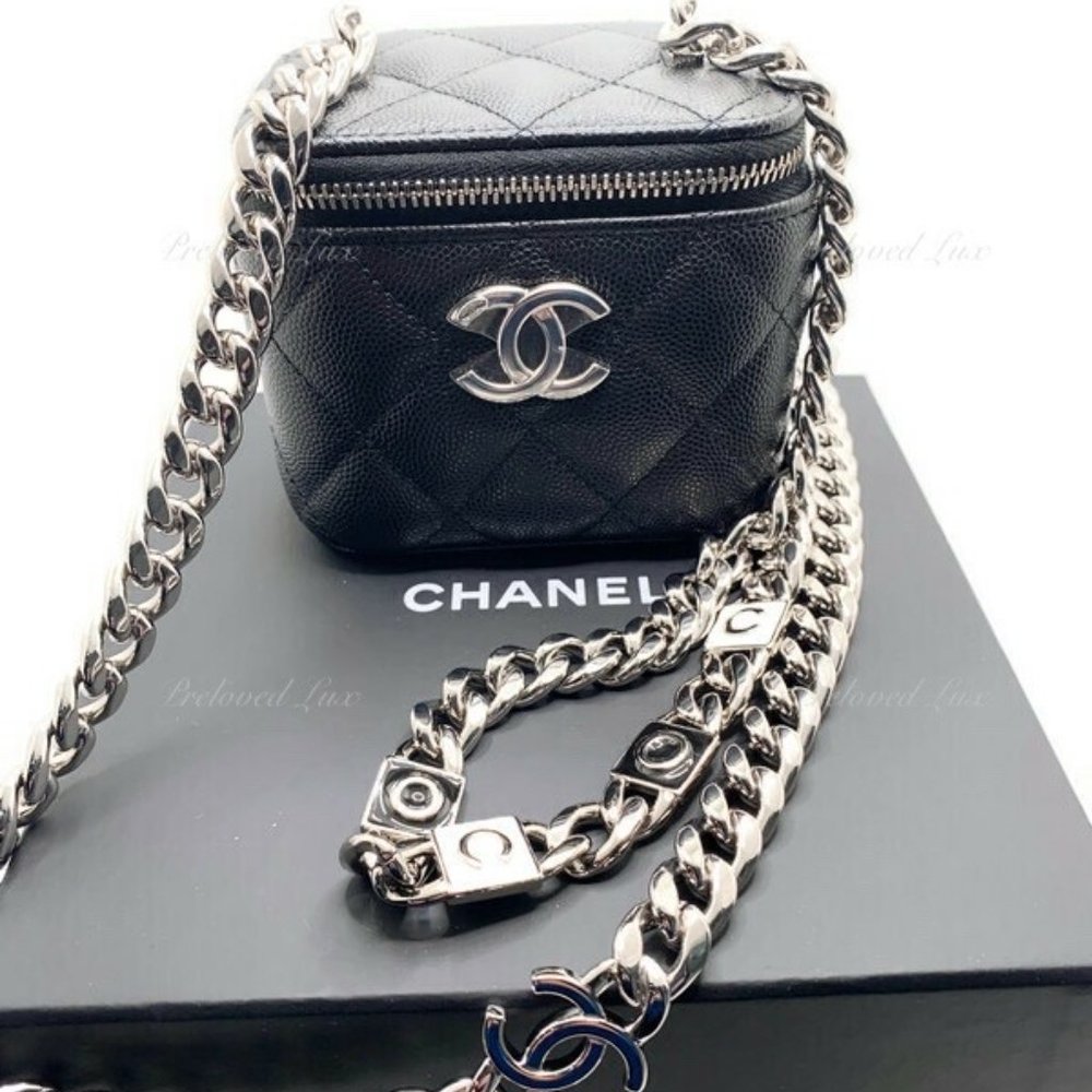 Authentic CHANEL Caviar Black Mini Vanity Case Coco Thick Chain Bag SHW